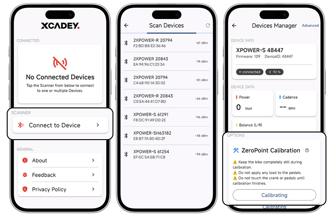 XCADEY App power meter connection, calibration and firmware settings