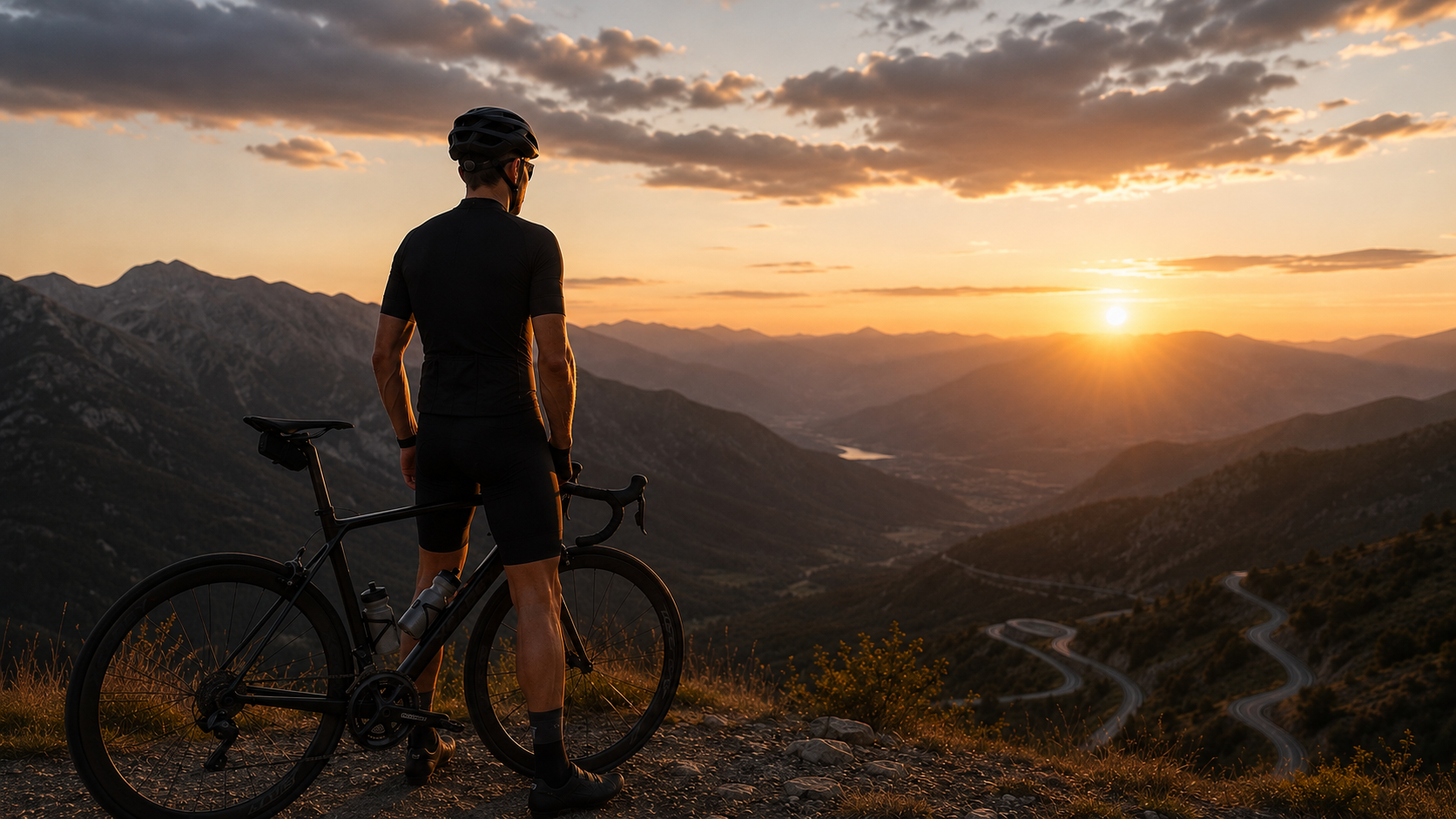 Road cyclist overlooking a mountain landscape during sunset
