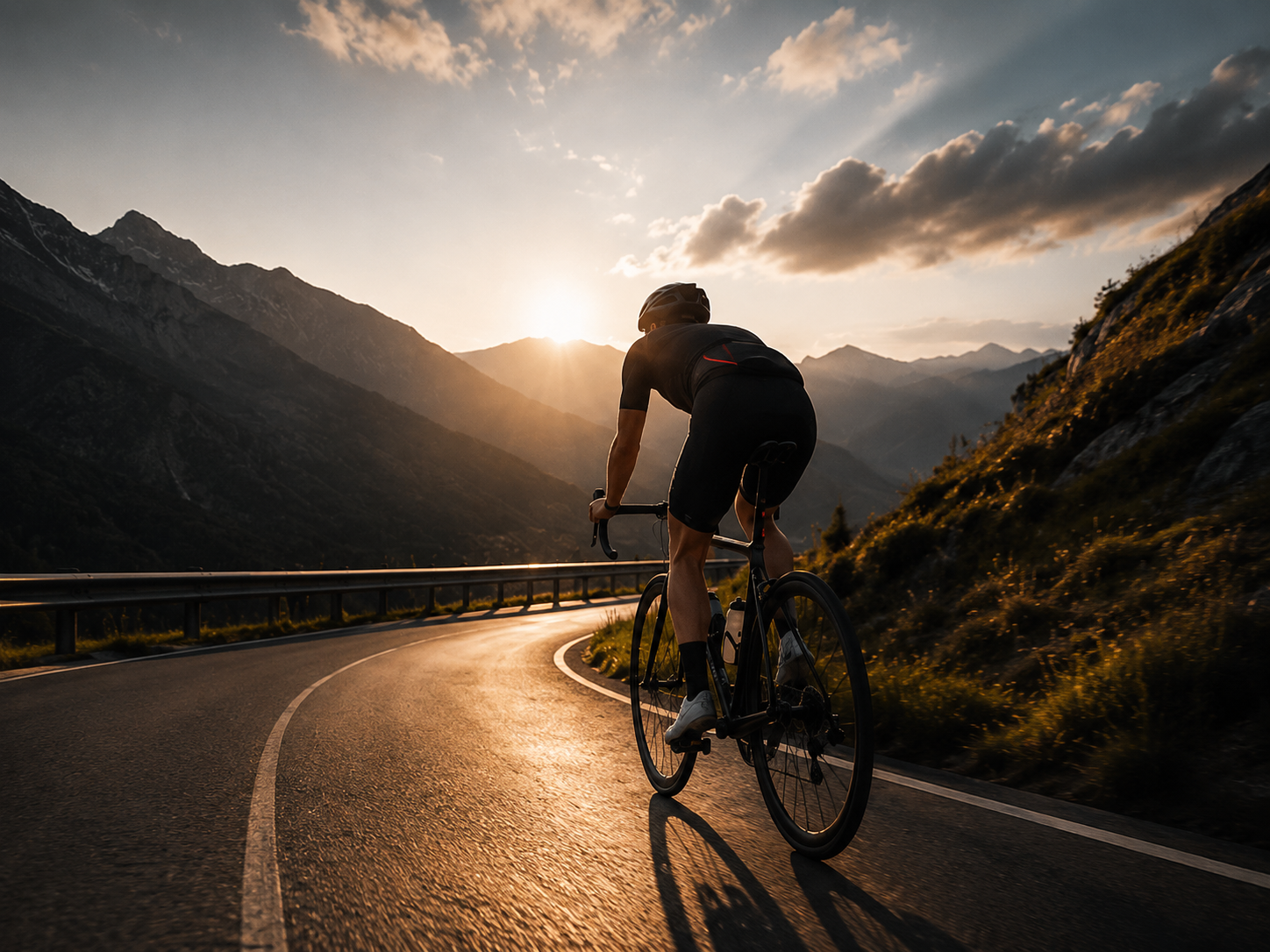 Road cyclist riding through a mountain landscape