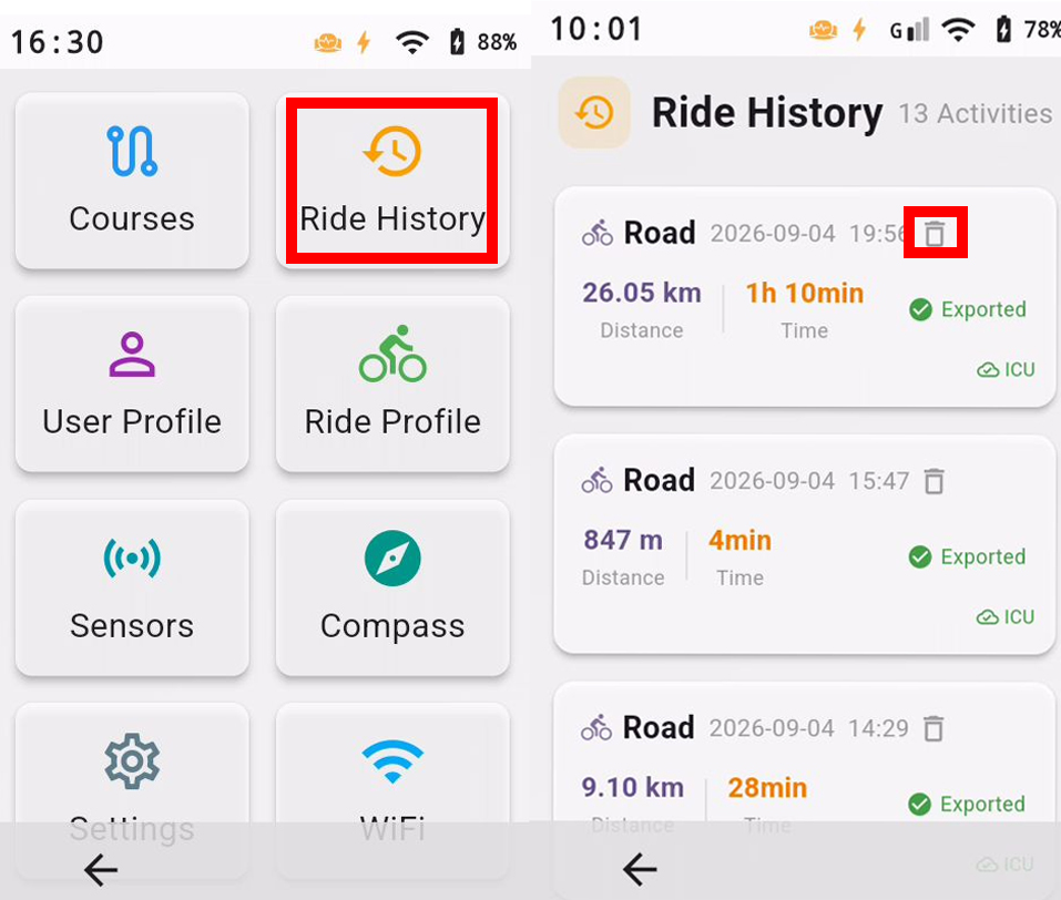 How to delete a ride record on the XCADEY ALPHA 800