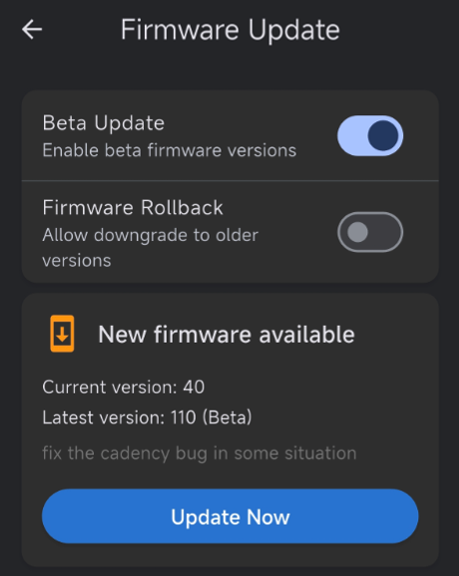 XCADEY App firmware update screen showing Beta Update enabled and version 110 Beta available