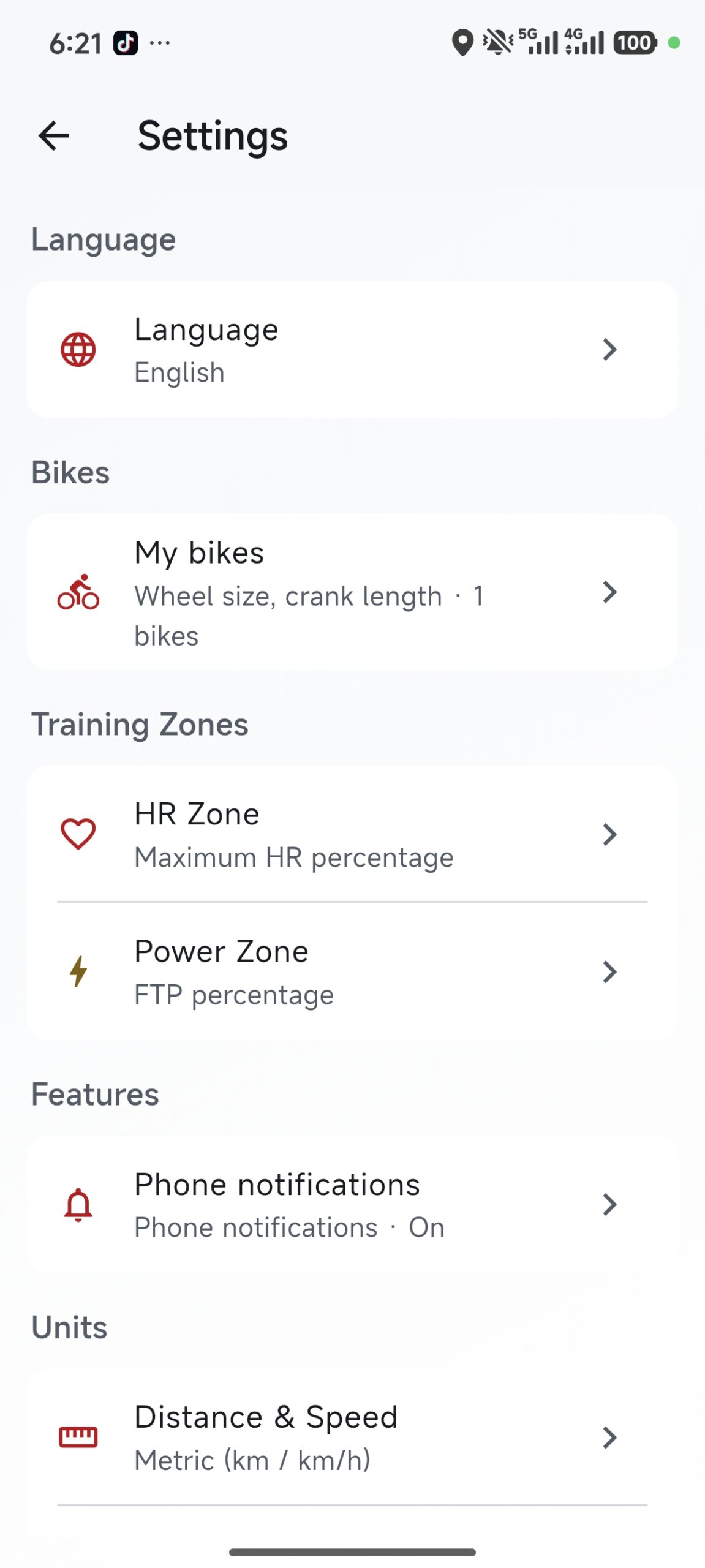 XCADEY Connect settings screen