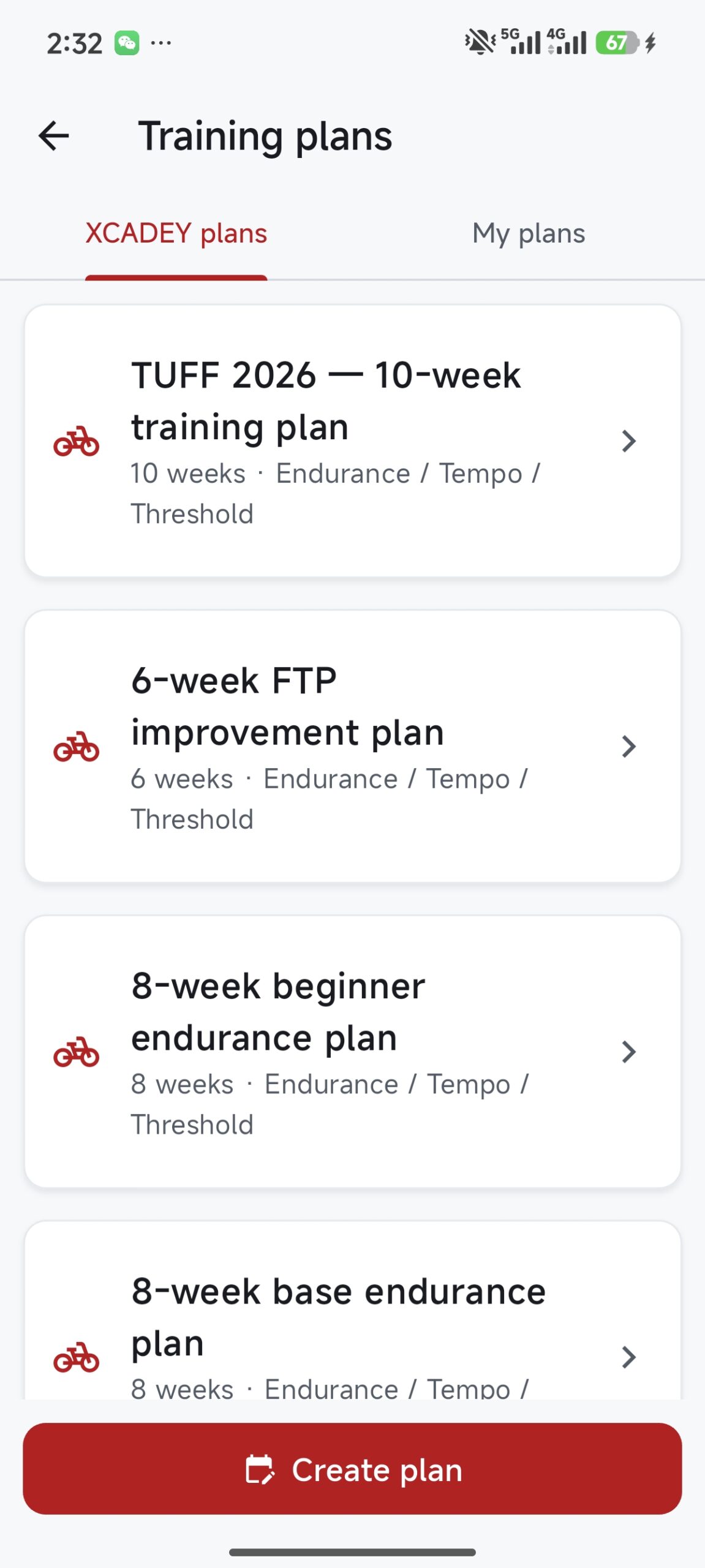 XCADEY Connect training plans screen